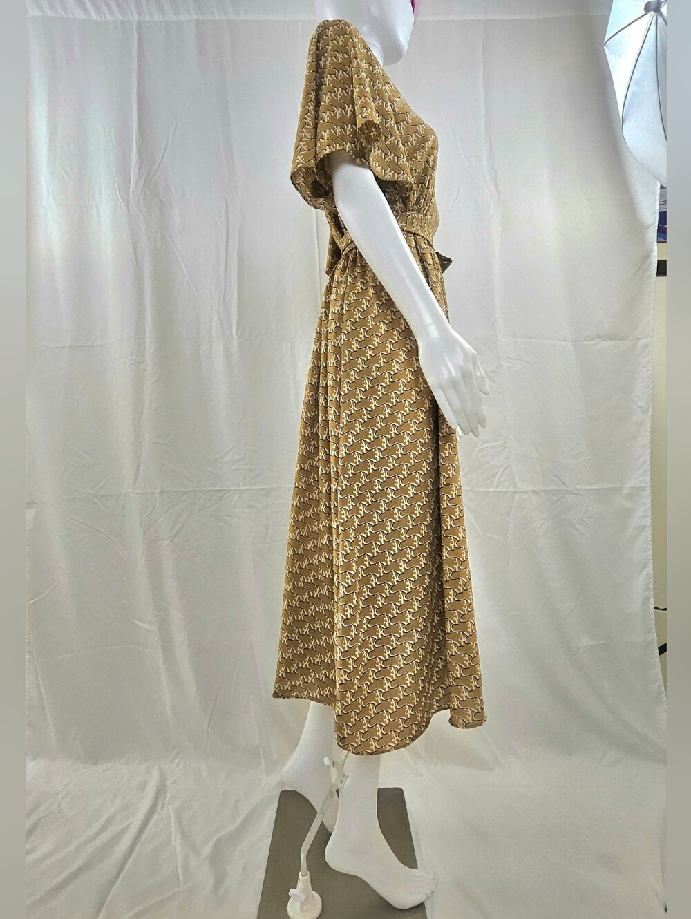 Unknow Brand From Turkey Beige Tan Patterned Midi Dress with Elastic Waist